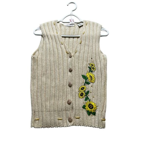 Vintage Mesh Knit SunFlower Embroidered Button Sweater Vest Women Sz Small USA - Picture 9 of 12